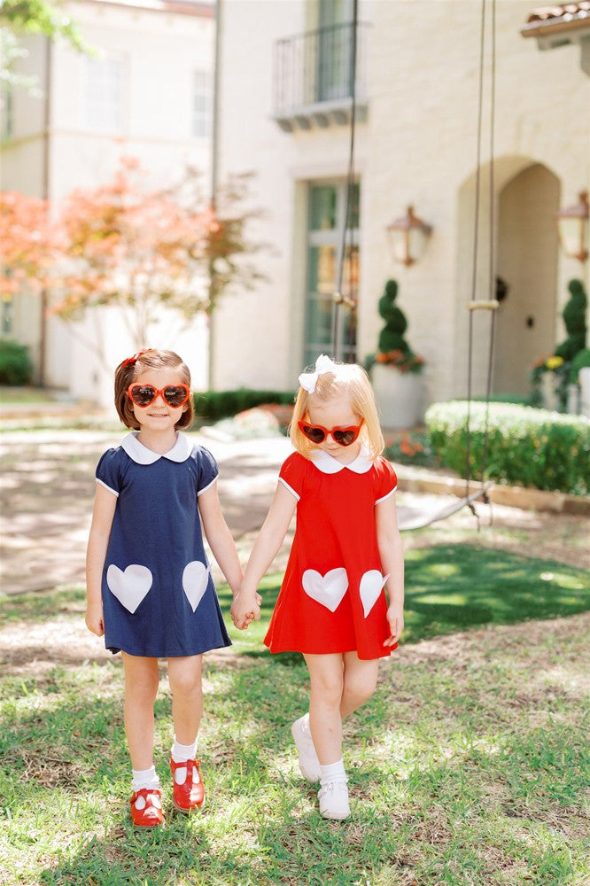 Proper Peony Pima Girls A-Line Dress - Red with White Valentine Heart Pockets