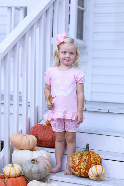 Trotter Street Kids Toddler Girls Ruffle Top - Pink Halloween Jack O'Lantern