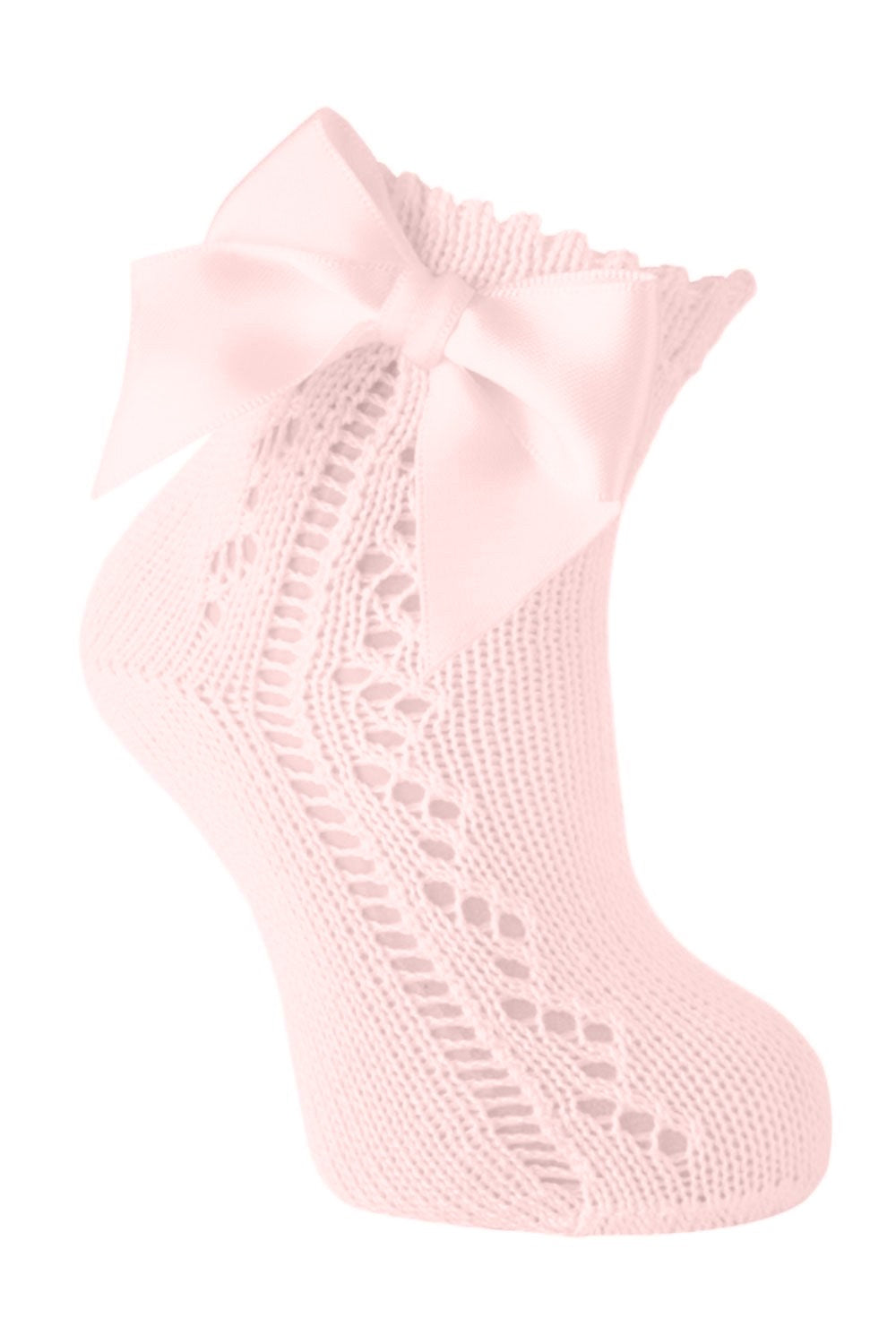 Carlomagno Socks - Girls Scottish Yarn Open Work Ankle Socks - Attached Bow - Soft Pink