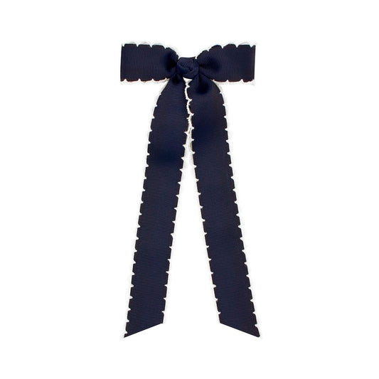 Wee Ones Girls Grosgrain Moonstitch Bow with Streamers - Navy Blue with White