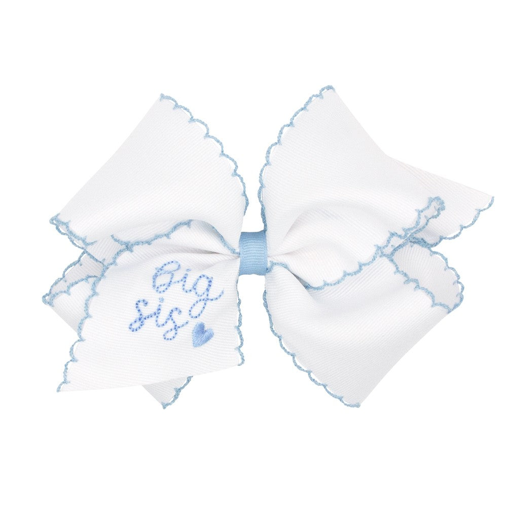 Wee Ones Girls White Hair Bow - Blue Moonstitch - Embroidered Big Sis - Blue