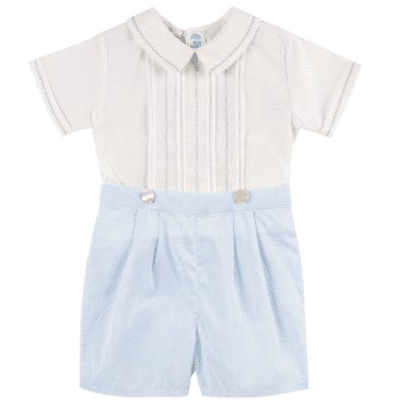 Feltman Brothers Boys White Feather Stitch Top & Blue Shorts Bobby Suit