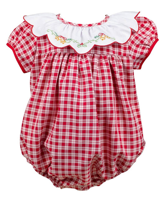 Proper Peony Baby Girls Christmas Bubble - Red Check Embroidered Golden Bells