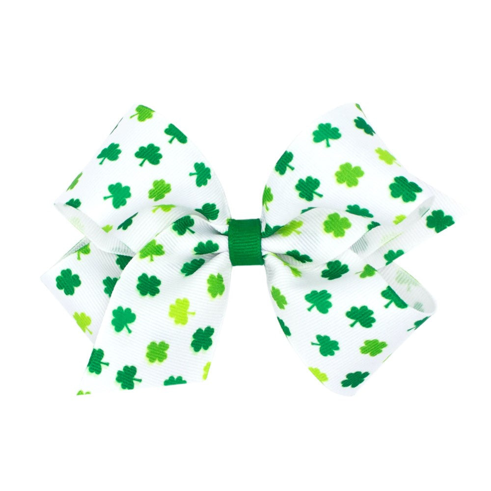 Wee Ones Girls Hair Bow on Clip - Tiny Green Shamrocks on White Bow