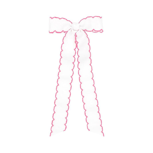 Wee Ones Girls Grosgrain Moonstitch Bow with Streamers - White with Hot Pink