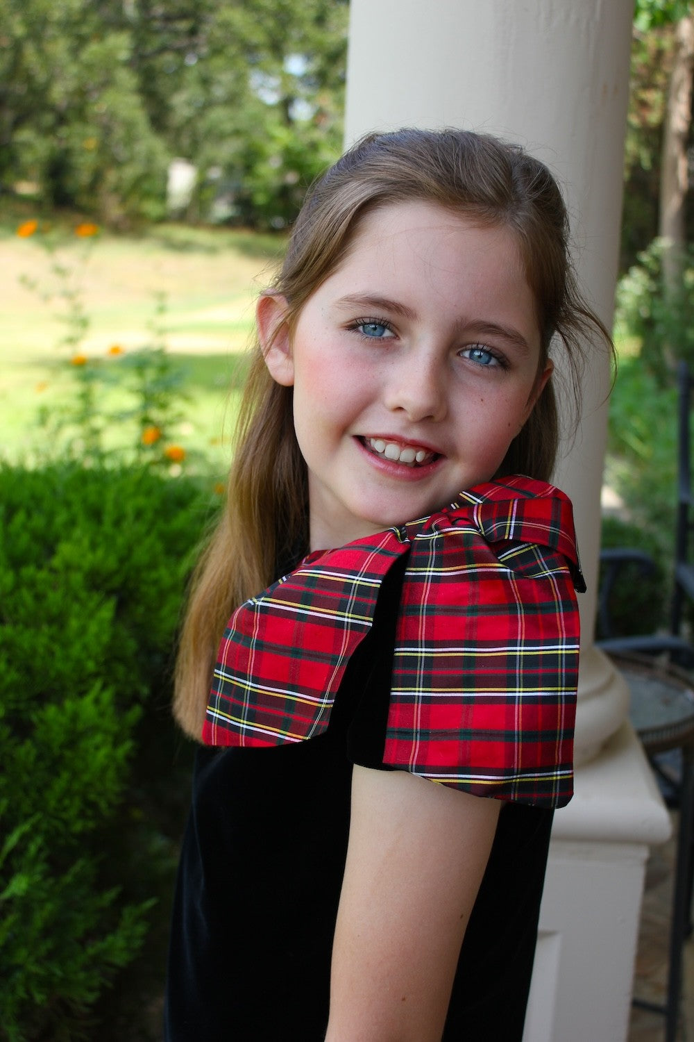 Susanne Lively Girls Black Velvet A-Line Dress - Holiday Plaid Bow on Shoulder Susanne Lively Girls Black Velvet A-Line Dress - Holiday Plaid Bow on Shoulder