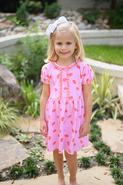 James & Lottie Girls Annie Knit Dress - Pink Pumpkin Print