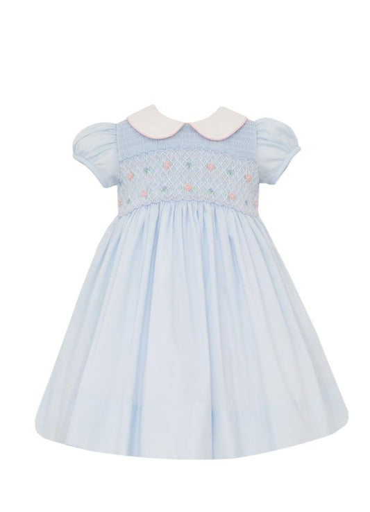 Anavini Girls Light Blue Swiss Batiste Smocked Dress with Collar