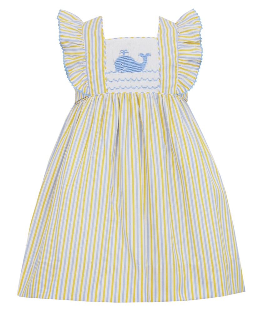 Anavini Girls Yellow / Blue Striped Smocked Whale Pinafore Dress