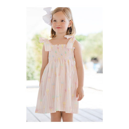 Sal & Pimenta Girls Pink Ice Creams Smocked Sun Dress - Ties at Shoulders