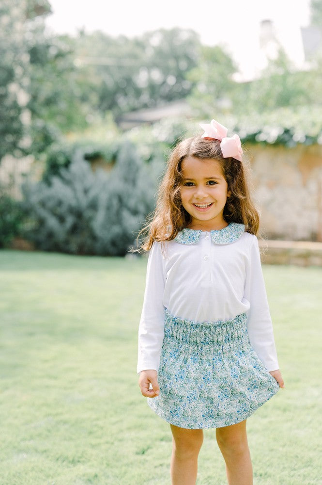 Proper Peony Pima Girls White Shirt - Blue Aster Floral Collar