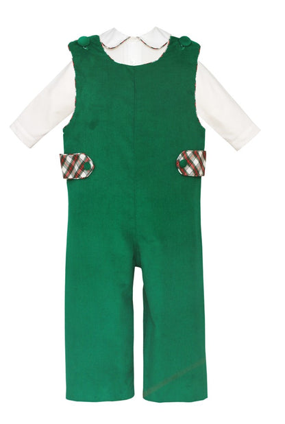 Claire & Charlie Baby / Toddler Boys Green Corduroy Longall with Shirt - Plaid Trim