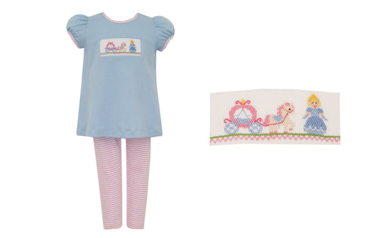 Anavini Velani Girls Blue Smocked Cinderella Top with Pink Striped Leggings