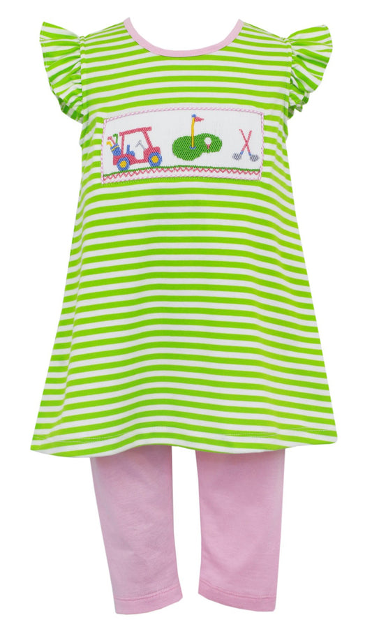 Anavini Girls Green Stripe Knit Smocked Golf Theme Tunic with Pink Leggings