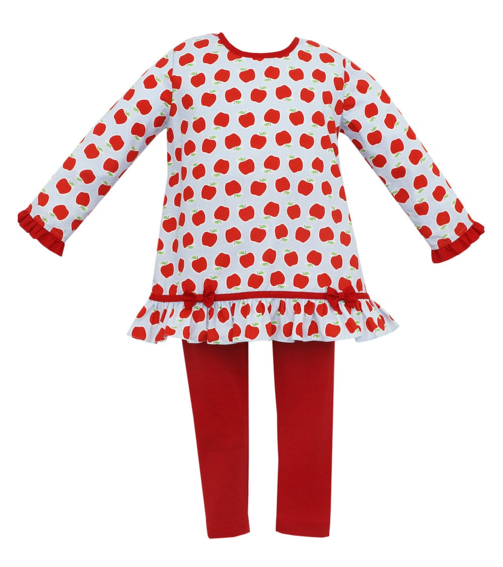 Claire & Charlie Girls Red Apples Print Tunic with Red Leggings