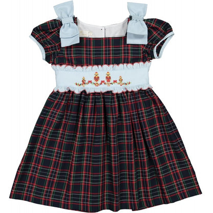 Sal & Pimenta Girls Dress - Holiday Plaid Nutcracker Bears - Bows on Shoulders