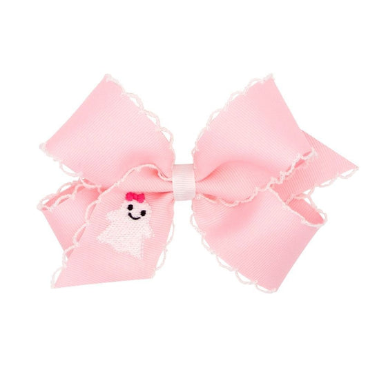 Wee Ones Girls Hair Bow on Clip - Embroidered Halloween Ghost - Pink