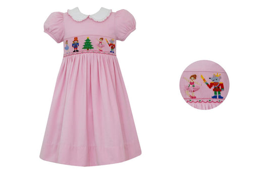 Anavini Girls Pink Corduroy Dress - White Collar - Smocked Nutcracker Ballet