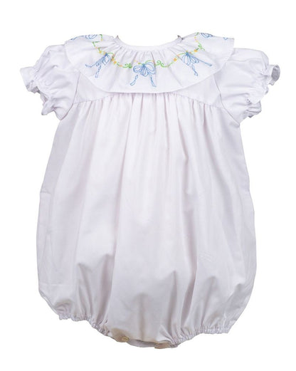 Proper Peony Girls Beatrice Bow Bubble - White - Blue Bow Embroidery