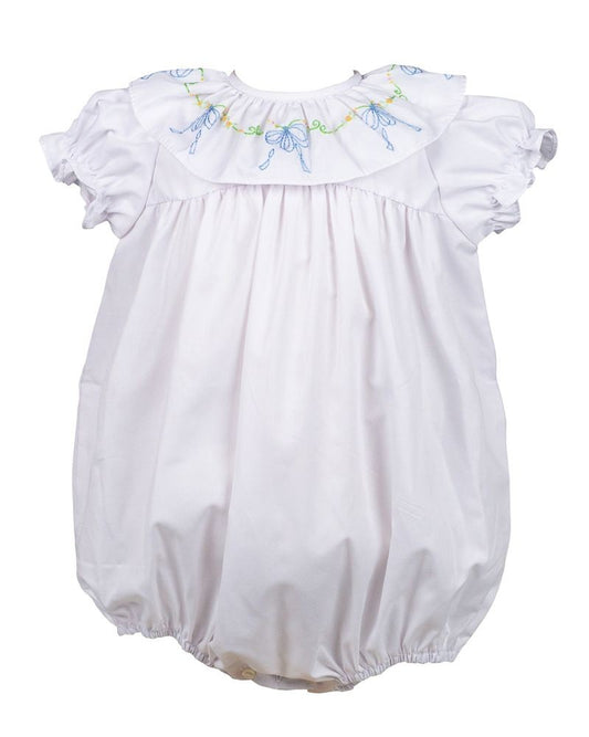 Proper Peony Girls Beatrice Bow Bubble - White - Blue Bow Embroidery