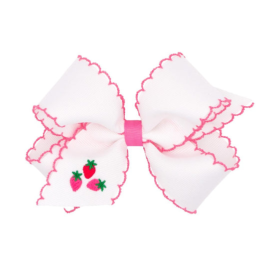 Wee Ones Girls Hair Bow on Clip - White with Pink Moonstitch - Tiny Strawberry Trio