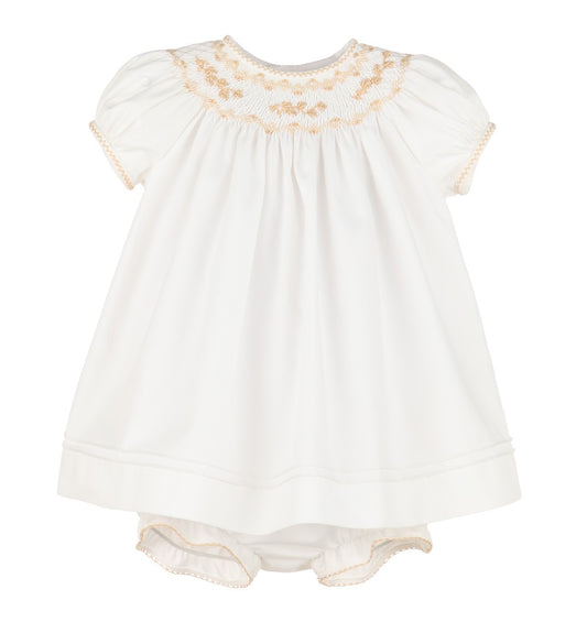 Luli & Me Baby Girls Ivory & Beige Smocked Vintage Bishop Dress by Luli & Me
