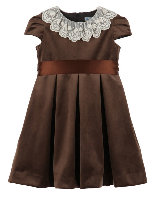 Luli & Me Girls Deluxe Velvet Dress - Lace Collar - Ribbon Sash - Chocolate Brown
