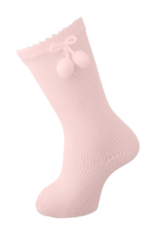Carlomagno Socks - Girls Scottish Yarn Knee High Socks with Pom Poms - Soft Pink