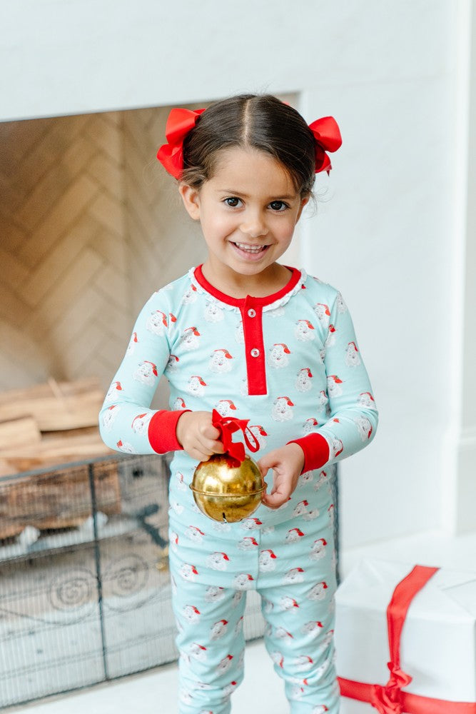 Proper Peony Pima Girls Two Piece Ruffle Pajamas - Jolly Santa