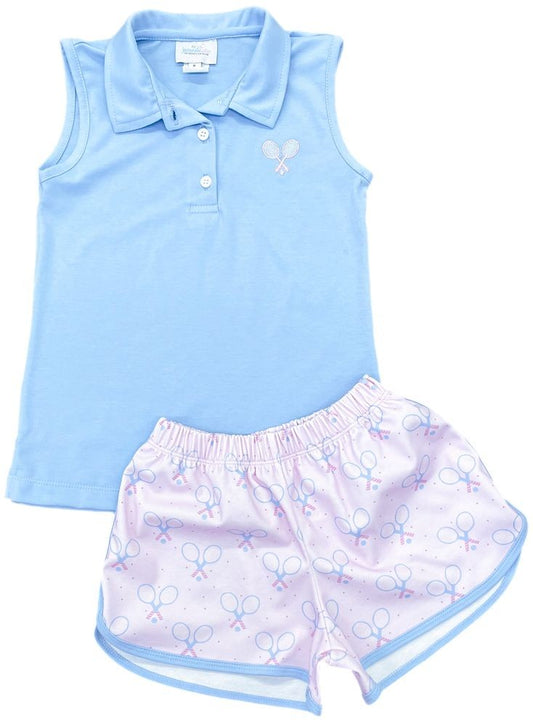 James & Lottie Girls Serve It Up Tabby Shorts Set - Blue Top with Racquet Print Short