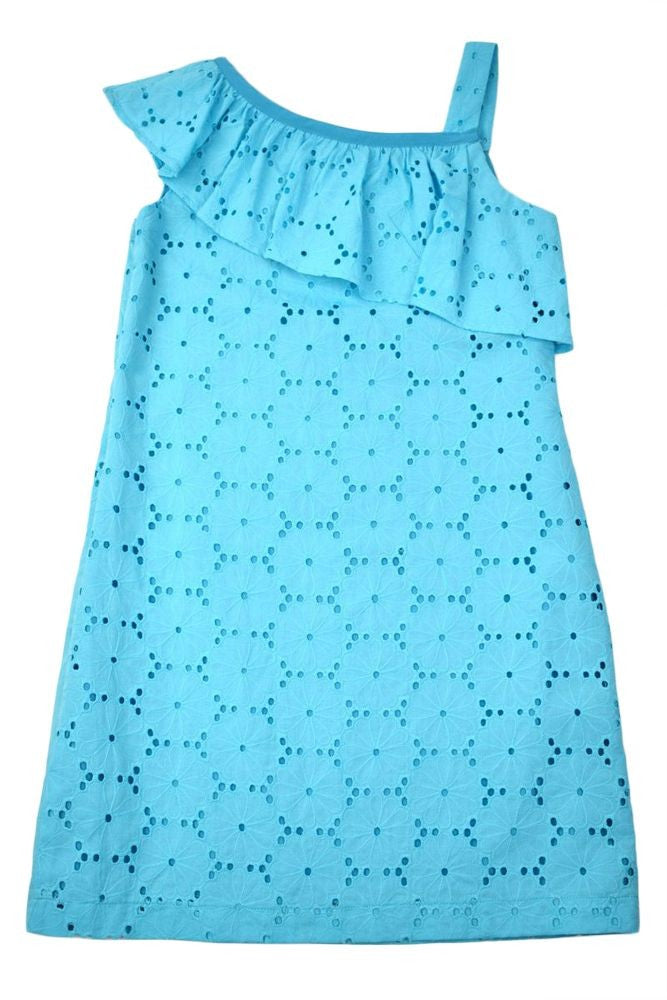 Funtasia Too Girls Turquoise Blue Eyelet One Shoulder Dress
