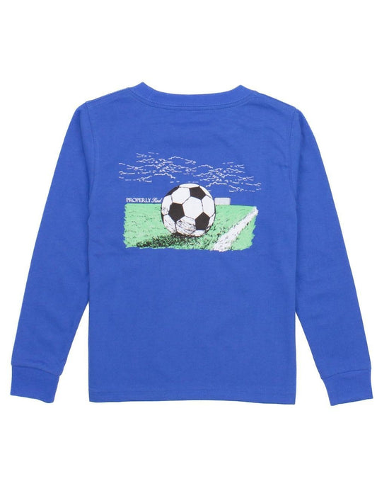 Properly Tied Boys Shirt - Logo Pocket on Front - Back Graphic - Soccer Ball on Bay Blue