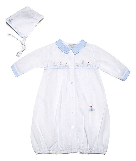 Friedknit Creations Infant Baby Boys White Gown with Hat - Shadow Stitch Embroidered Blue Sailboats by Feltman Brothers