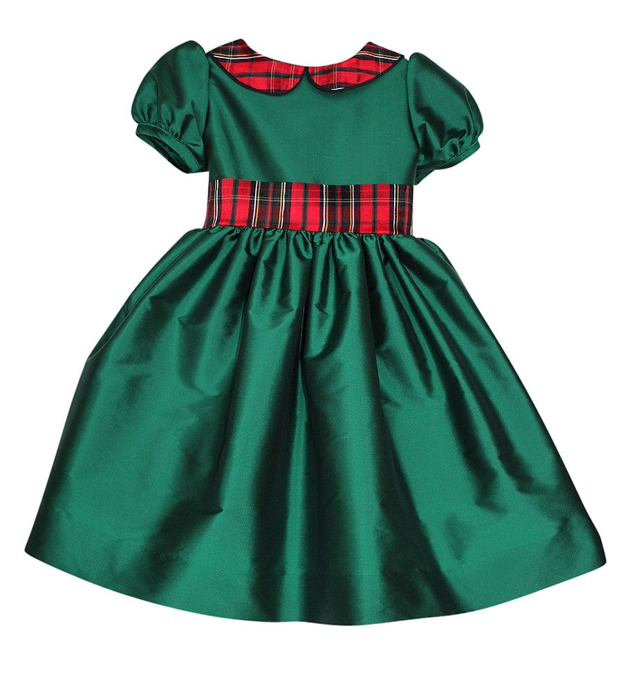 Susanne Lively Girls Emerald Green Christmas Dress - Red Holiday Plaid Collar & Sash