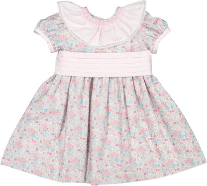 Sal & Pimenta Girls Dress - Pink Bouquet Floral with Sash - Smocked Collar