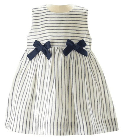 Rachel Riley London Baby Girls Stripe Linen Navy Blue Bow Dress with Bloomers