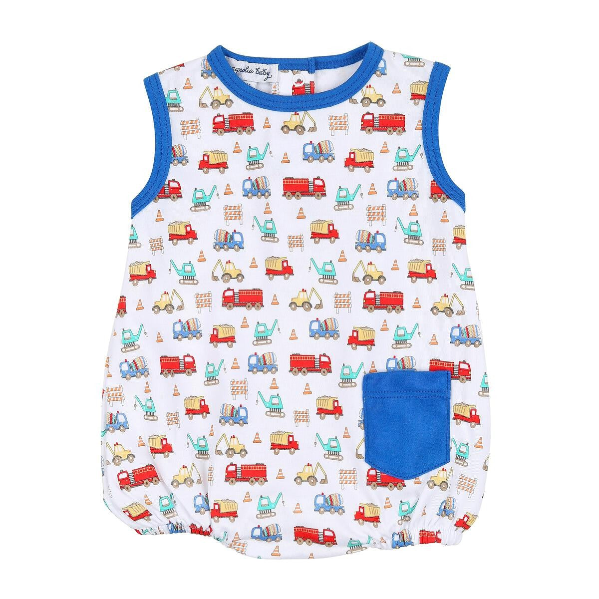 Magnolia Baby Boys Blue Hard at Work Trucks Printed Sleeveless Bubble