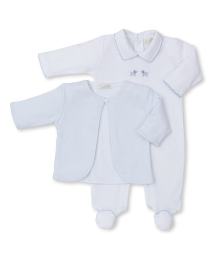 Kissy Kissy Baby Boys Light Blue Stripe Jacket with White Footie - Embroidered Puppy Dogs