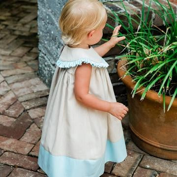The Bailey Boys Baby / Toddler Girls Oyster Tan Linen Blend Float Dress - Blue Trim 12M The Bailey Boys Baby / Toddler Girls Oyster Tan Linen Blend Float Dress - Blue Trim 12M