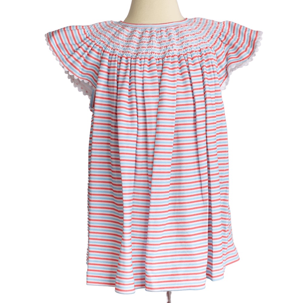 Peggy Green Girls Knit Smocked Millie Top - Watermelon & Blue Stripes
