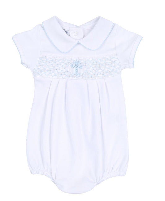 Magnolia Baby Boys White Blessed Bubble - Smocked Blue Cross