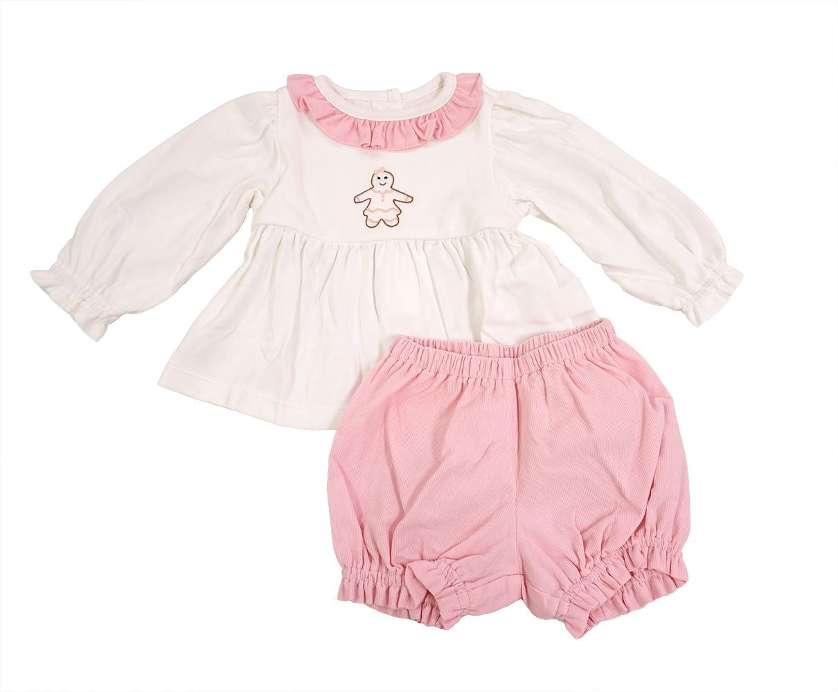 Peggy Green Girls Pink Embroidered Gingerbread Girl Bloomers Set