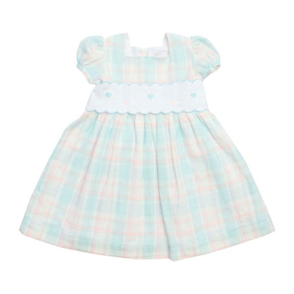 Sal & Pimenta Girls Dress - Pink & Blue Breeze Plaid - Embroidered Hearts & Sash