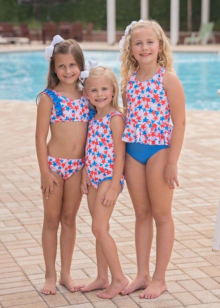 James & Lottie Girls Collette Peplum Swim Set - Patriotic Stars