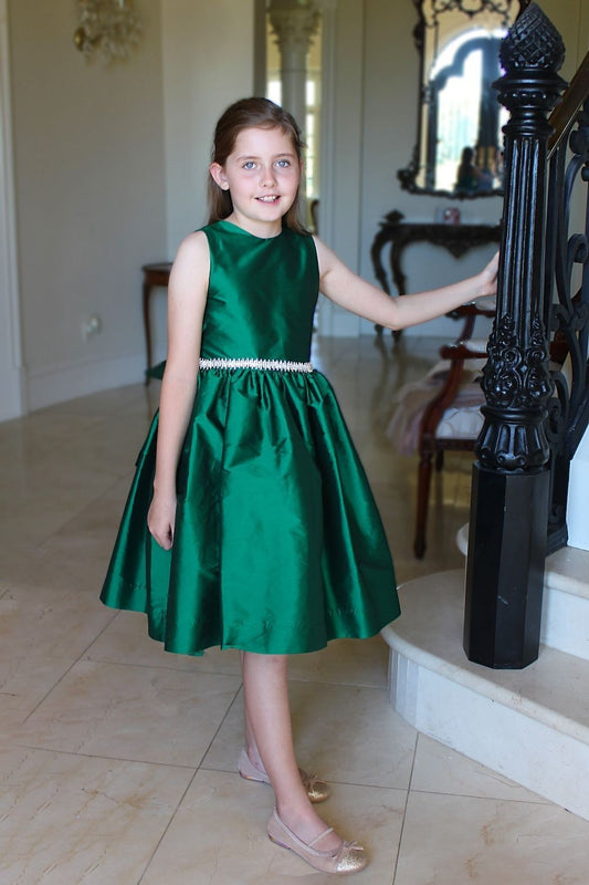 Susanne Lively Girls Green Christmas Party Dress with Sparkle Trim & V-Back