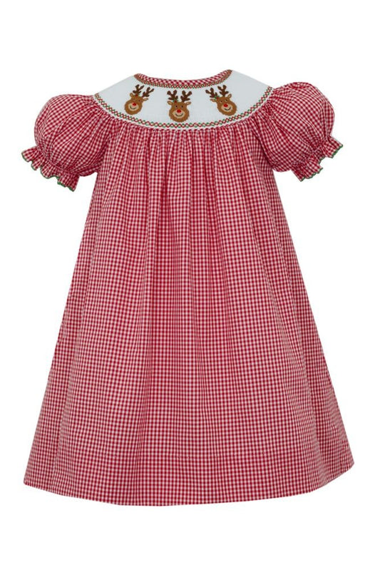 Anavini Velani Girls Red Gingham Bishop Dress - Smocked Reindeer Faces