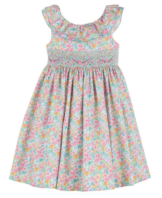 Luli & Me Girls Fuchsia Pink Watercolor Wildflowers Floral Smocked Dress - Ruffle Neck by Luli & Me