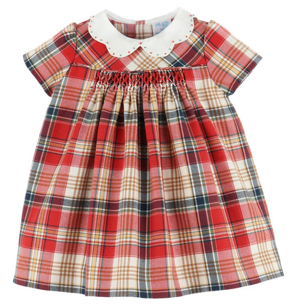 Luli & Me Baby / Toddler Girls Red Holiday Plaid Smocked Dress - Scallop Collar