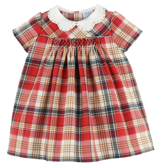 Luli & Me Baby / Toddler Girls Red Holiday Plaid Smocked Dress - Scallop Collar