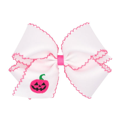 Wee Ones Girls Hair Bow on Clip - Embroidered Pink Halloween Jack O'Lantern on White